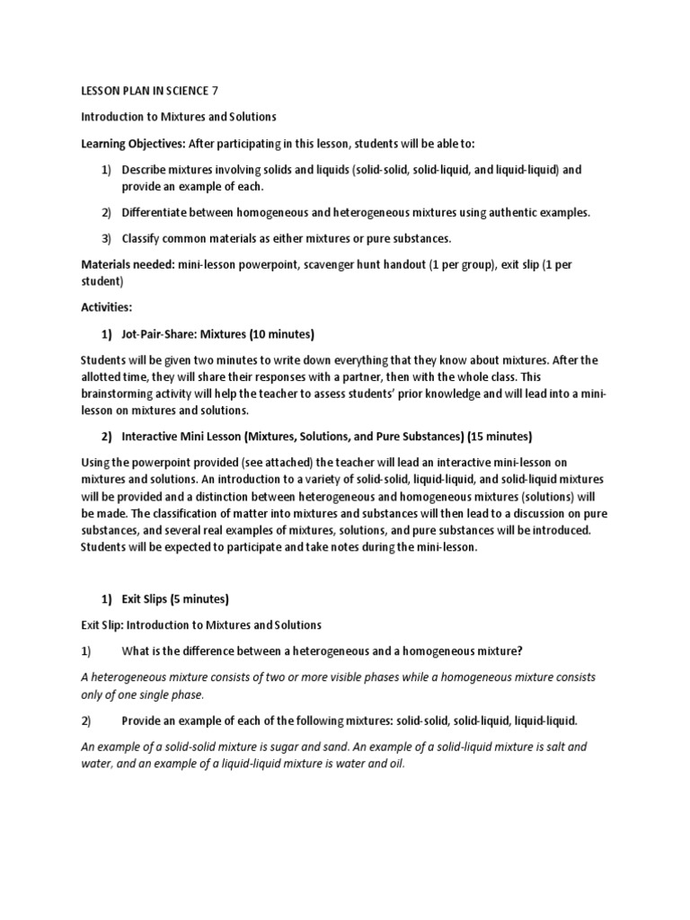 Mixtures and Solutions Lesson Plan | PDF | Homogeneity And ...