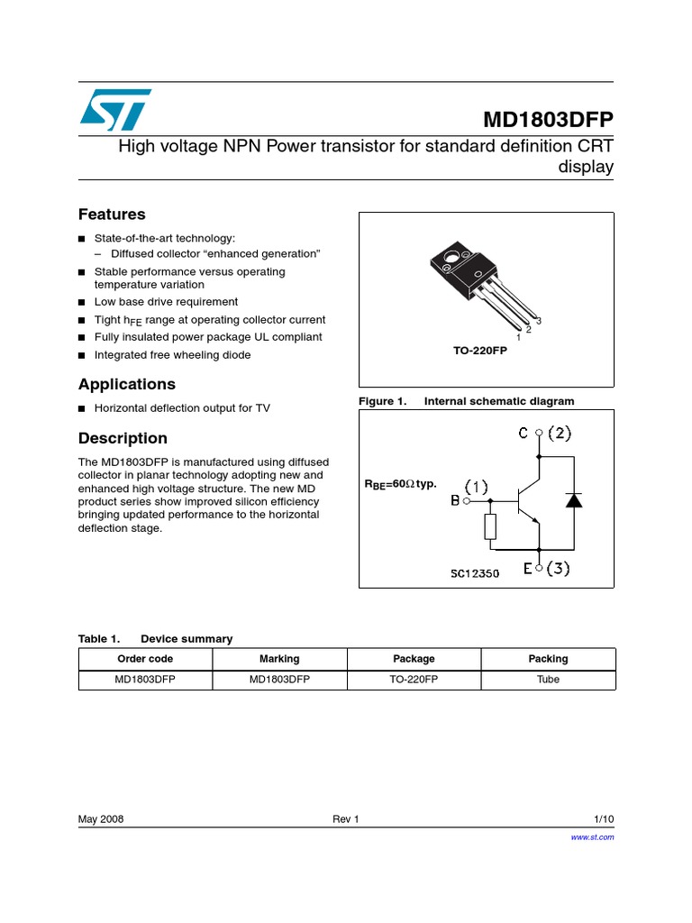 MD1803DFP High Voltage NPN Power Transistor For Standard Definition
