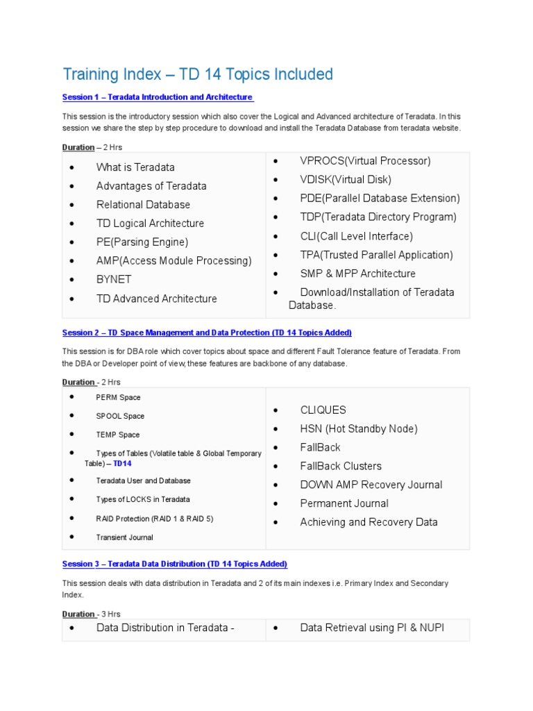 Teradata Training Overview and Topics | PDF | Database Index | Computer ...