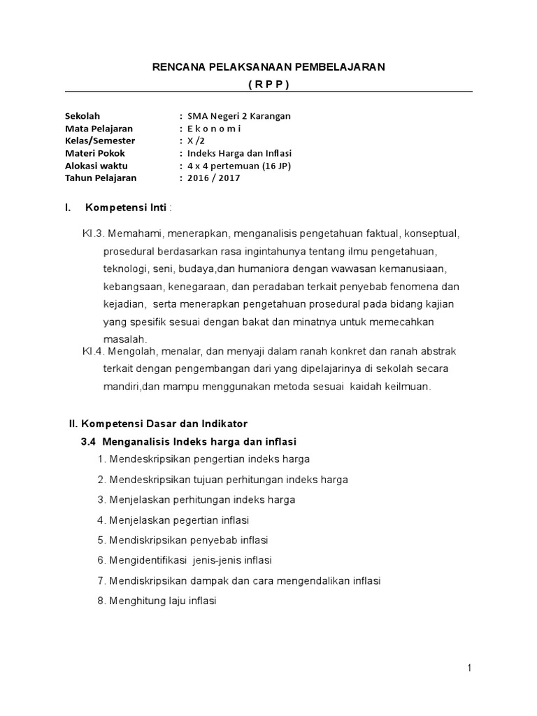 Rpp Eko Kls X 2 Indeks Harga Dan Inflasi