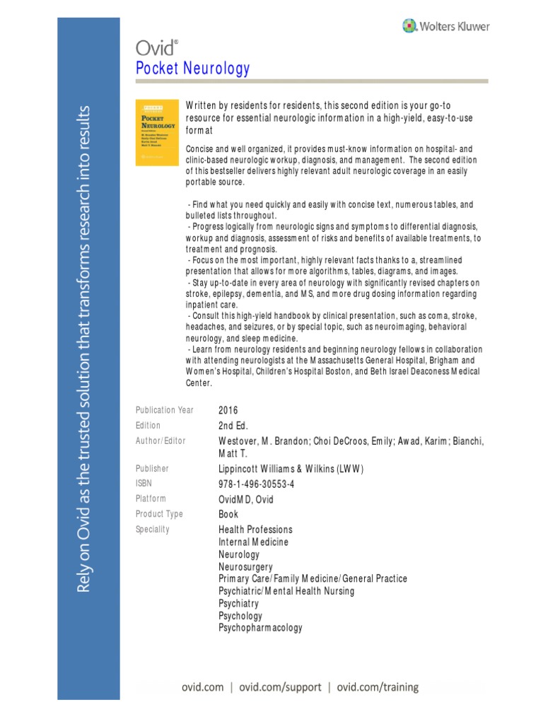 Pocket Neurology: Publication Year Edition Author/Editor Publisher Isbn ...