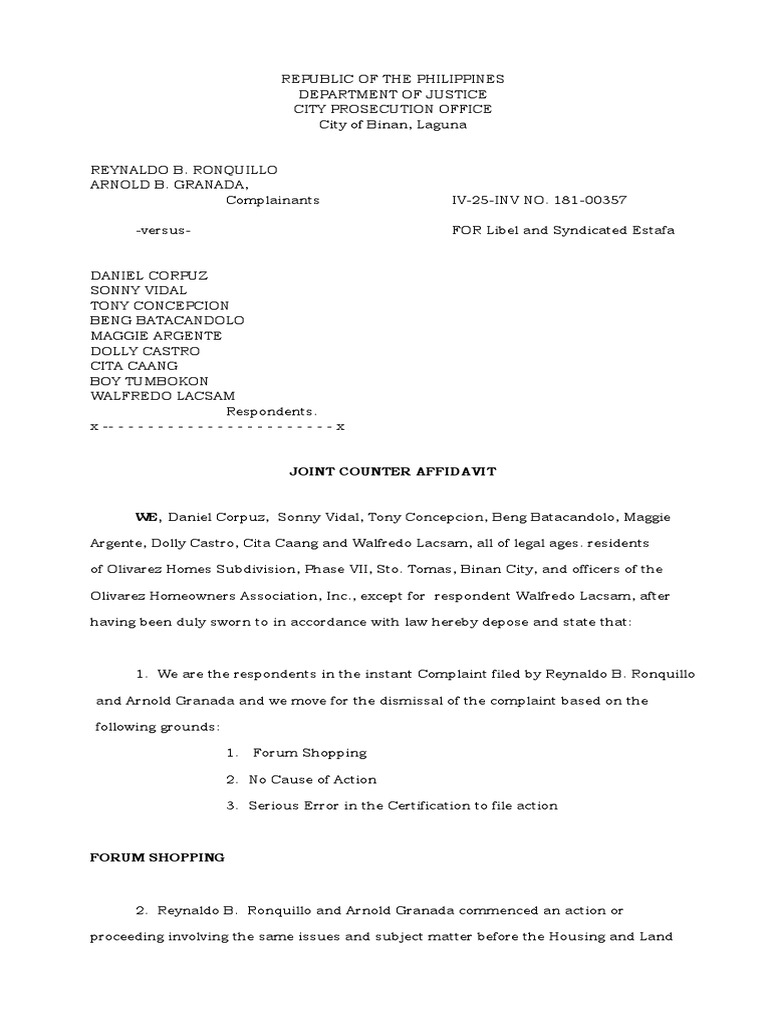 Ohai joint counter affidavit syndicated estafa pdf complaint