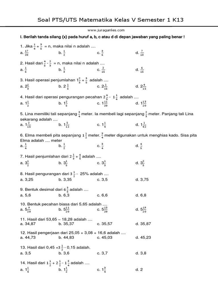 Soal PTS (UTS) Matematika Kelas 5 Semester 1 K13 Terbaru