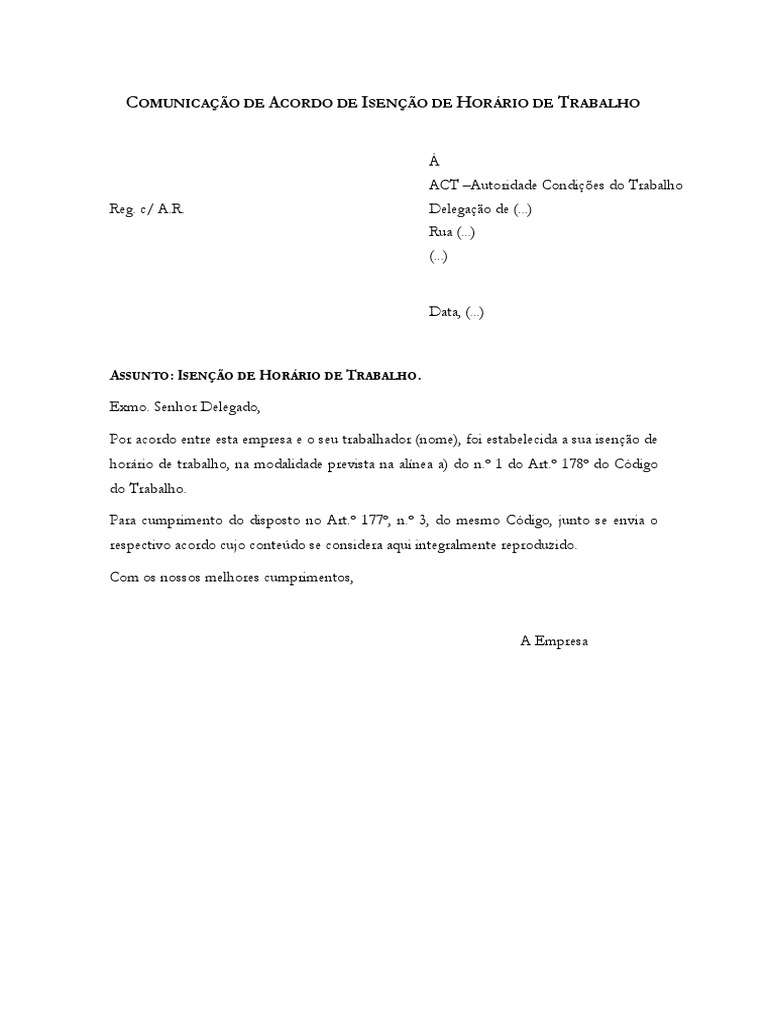 MINUTA  Carta à ACT Sobre Isenção Horas de Trabalho