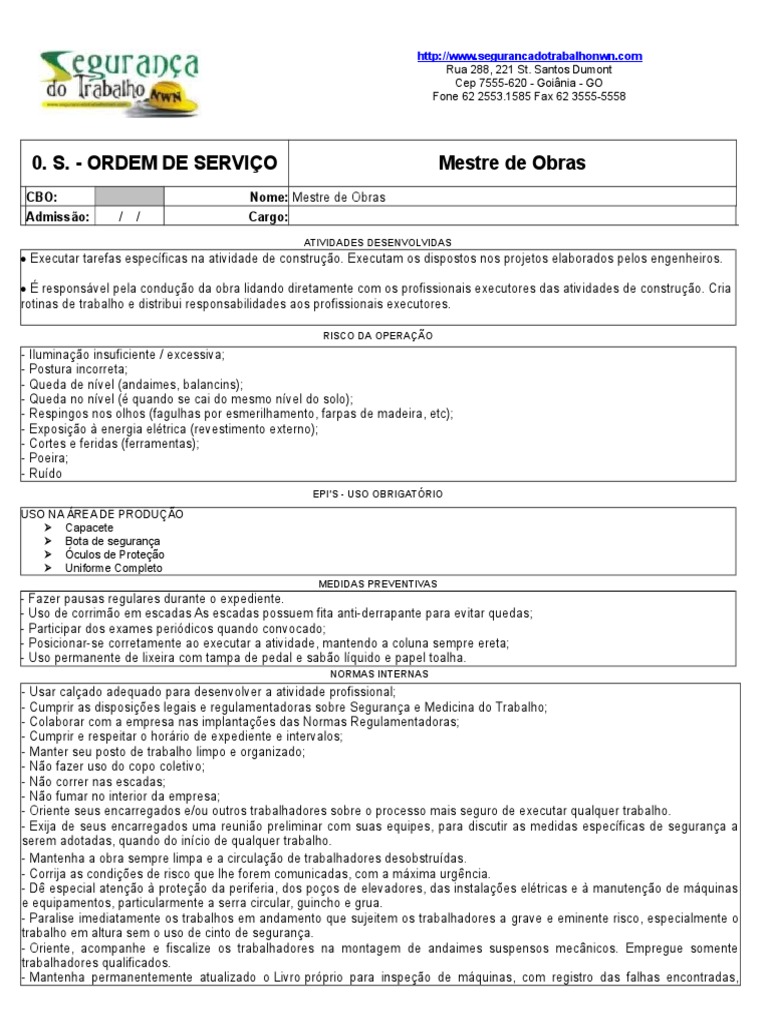 Orientações de segurança e procedimentos para mestre de obras | PDF
