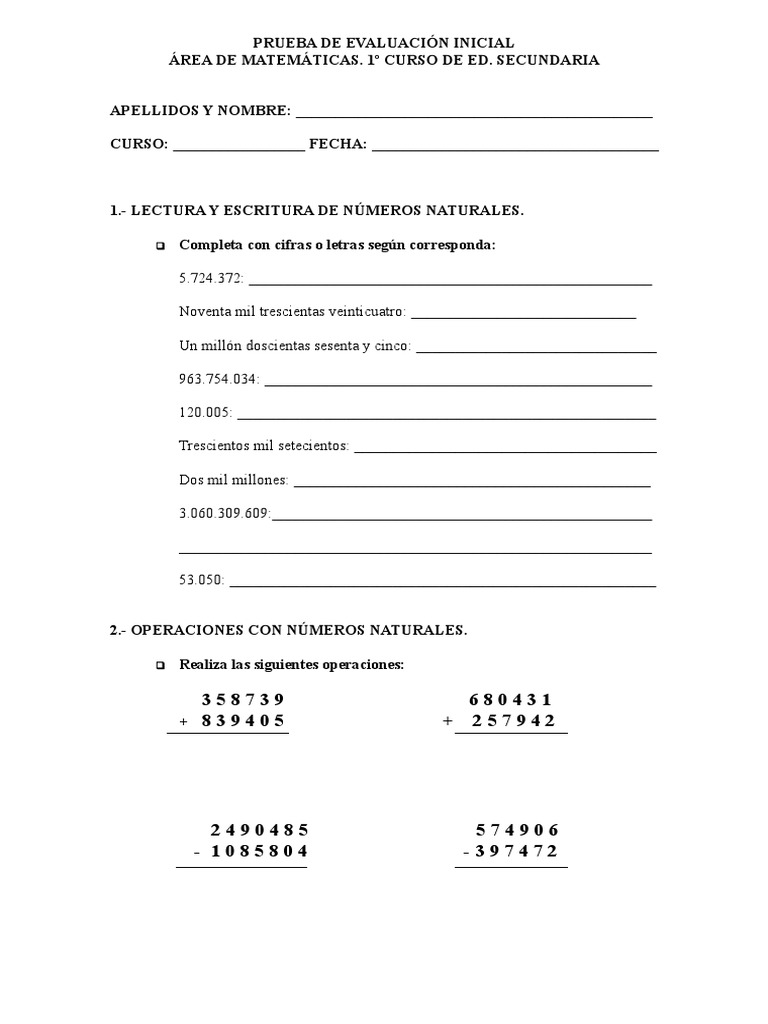Prueba Inicial Matemáticas 1º ESO | PDF | Números | Enseñanza de matemática