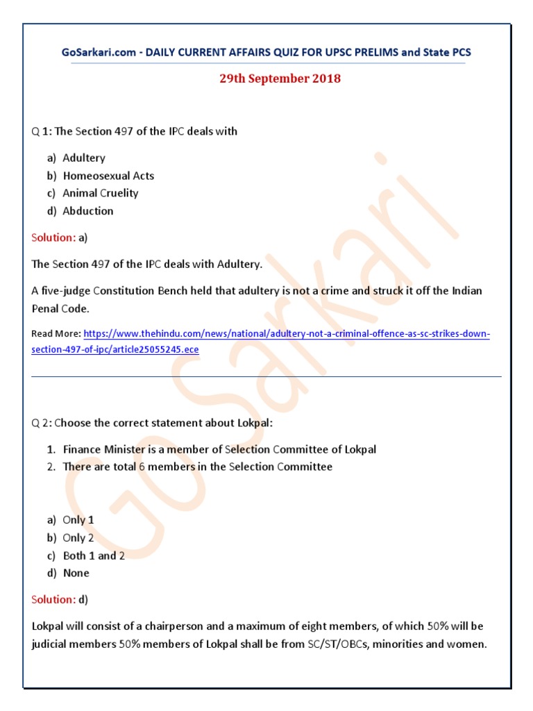 Daily Current Affairs Quiz for UPSC | PDF | Social Institutions ...