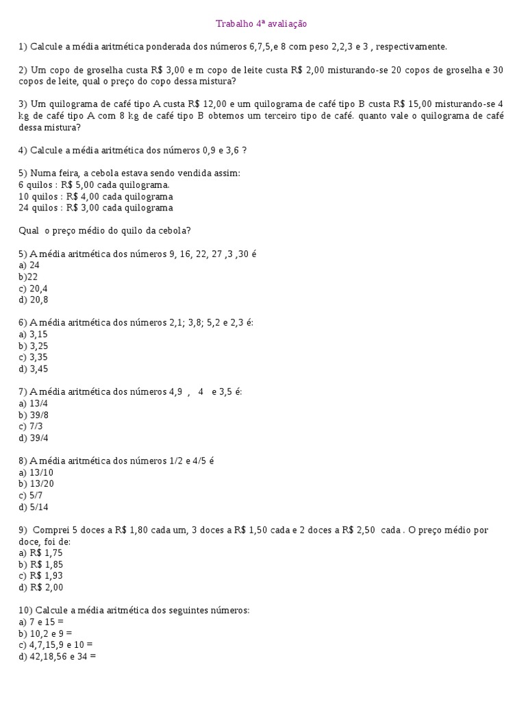EXERCICIO DE MEDIA ARITMETICA - Odt | PDF