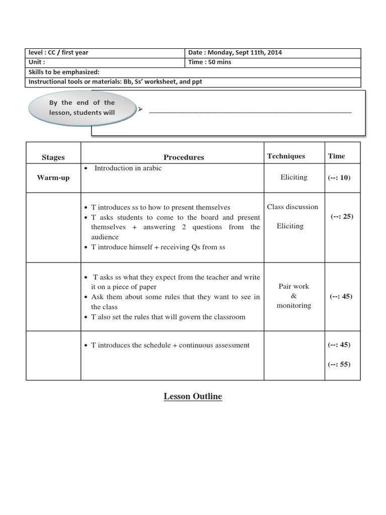 By The End of The Lesson, Students Will Be Able To:: Stages Procedures ...