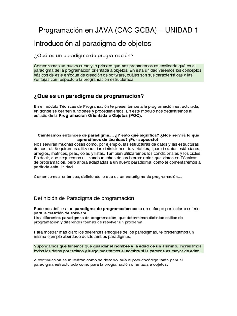 Programacion En Java Poo Unidad 1 Cac Gcba Pdf Objeto Informatica Programacion Orientada A Objetos