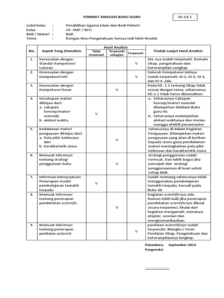 Format Analisis Buku Guru Dan Siswa Kurikulum 2013 Rasanya