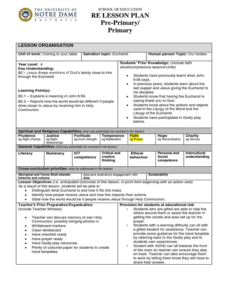 Re Lesson Plan Pre-Primary/ Primary | PDF | Eucharist | Mass (Liturgy)