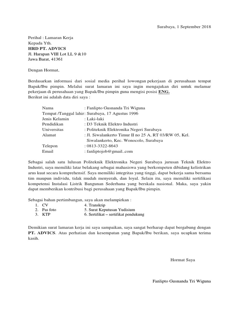 Surat Lamaran Pekerjaan Pt Advics Pdf