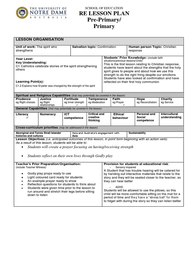 Re Lesson Plan Pre-Primary/ Primary | PDF | Prayer | Teachers
