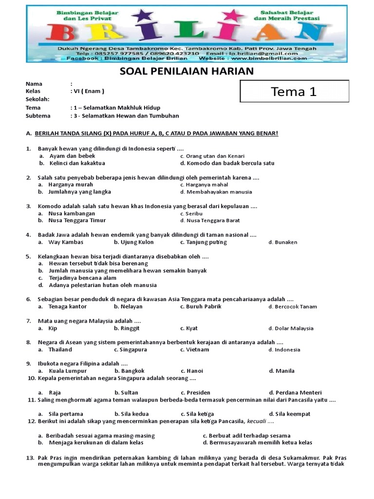 Soal Kelas 1 Tema 3 Subtema 3 Homecare24