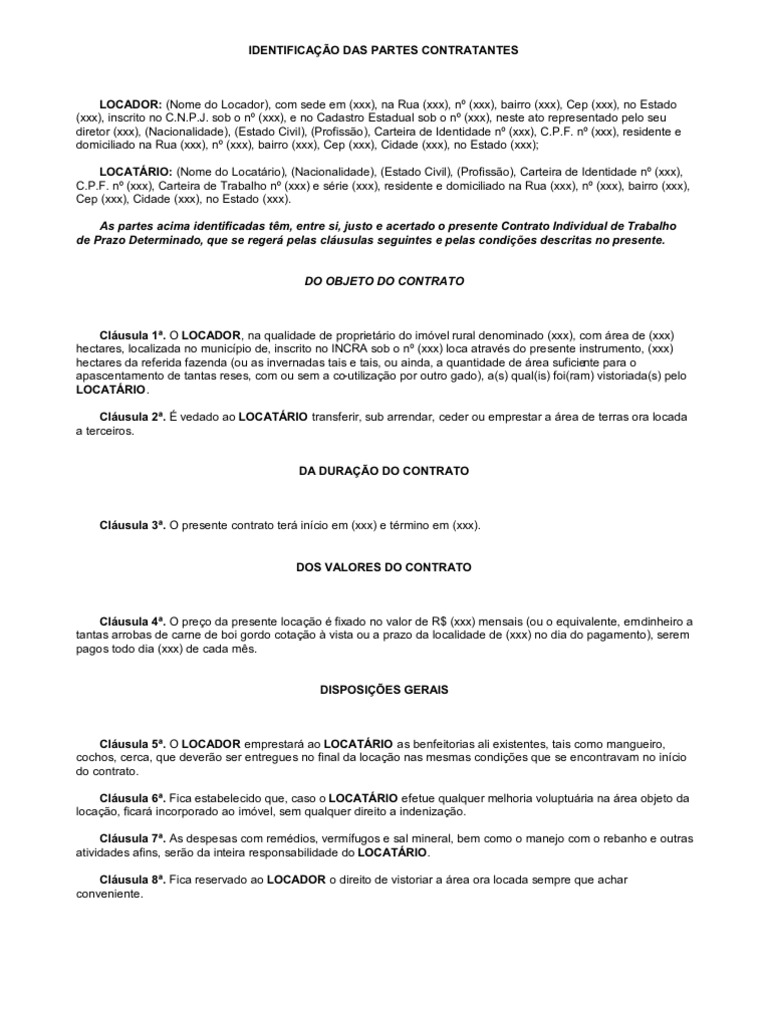 Modelo de Contrato Arrendamento de Pastagem