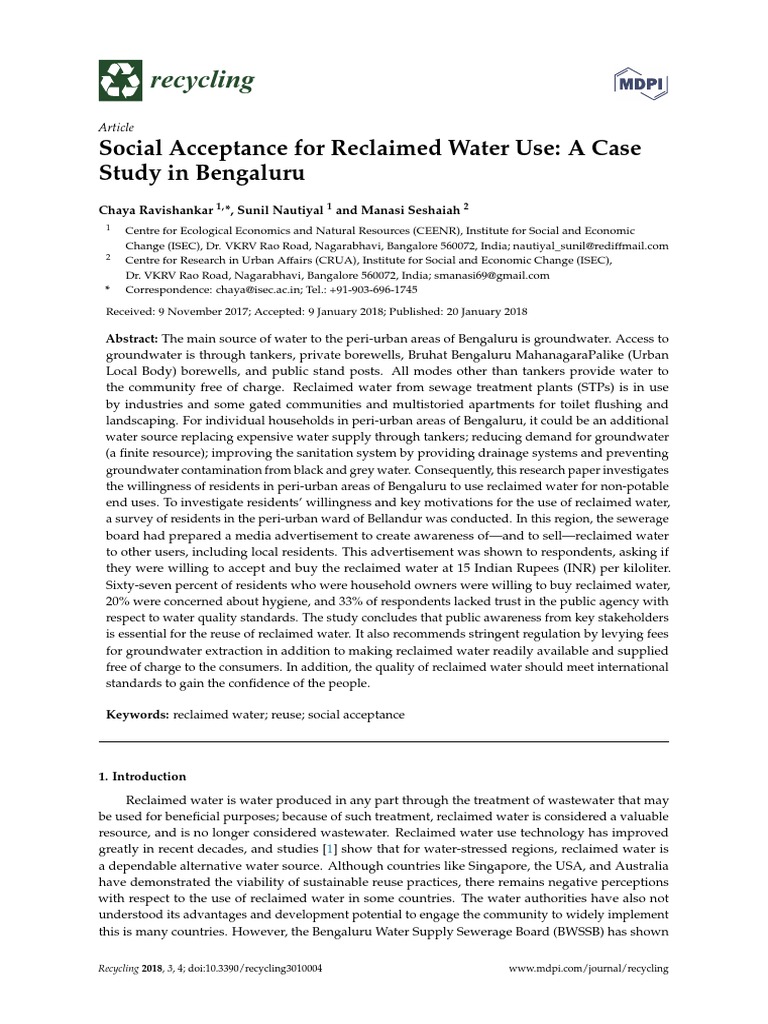 Recycling Social Acceptance For Reclaimed Water Use A Case - 