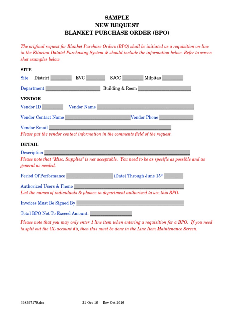 Sample New Request Blanket Purchase Order (Bpo) Site Department PDF
