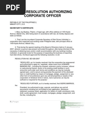Board Resolution Authorizing Corporate Officer