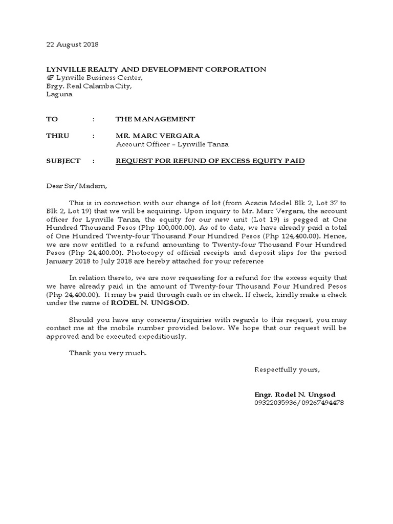 Request for Refund of Excess Equity | PDF | Currency | Payments