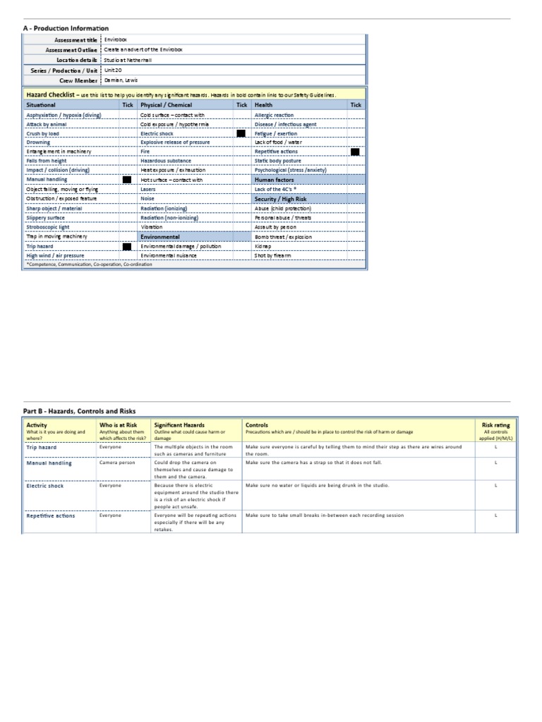 A - Production Information: Hazard Checklist | PDF | Hazards | Hypothermia