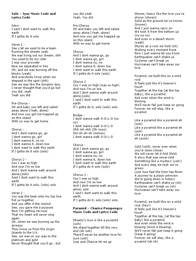 Solo Iyaz Music Code and Lyrics Code PDF Song Structure