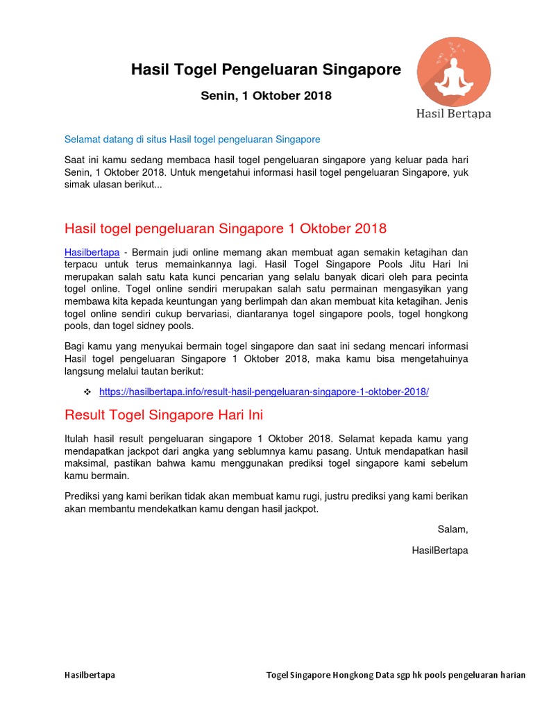 Hasil Togel Pengeluaran Singapore 1 Oktober Hasilbertapa Pdf