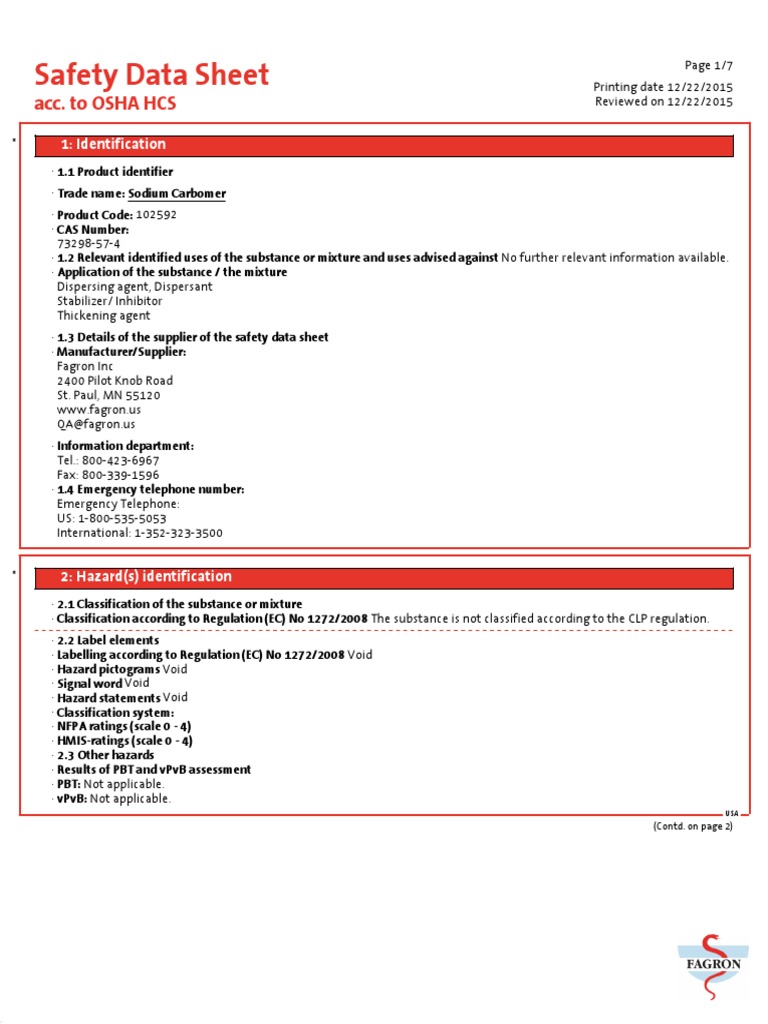 Safety Data Sheet: Acc. To OSHA HCS | PDF | Dangerous Goods | Toxicity