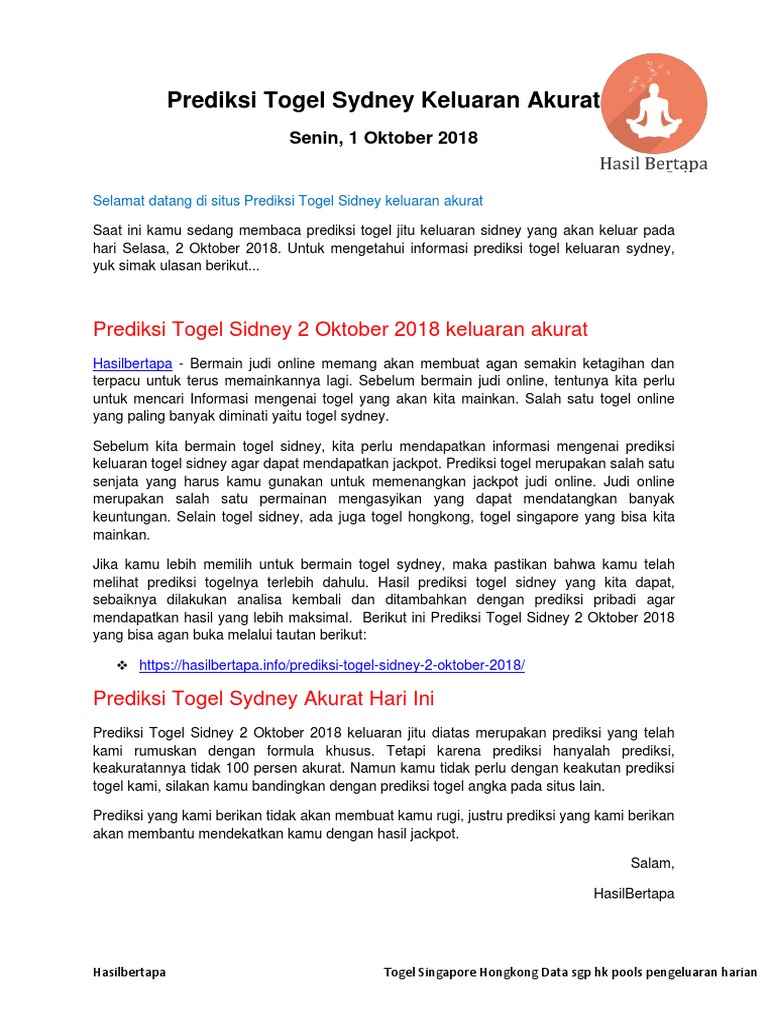 Prediksi Togel Sydney 2 Oktober 2018 Prediksi Sidney Jitu Akurat Hasilbertapa Pdf