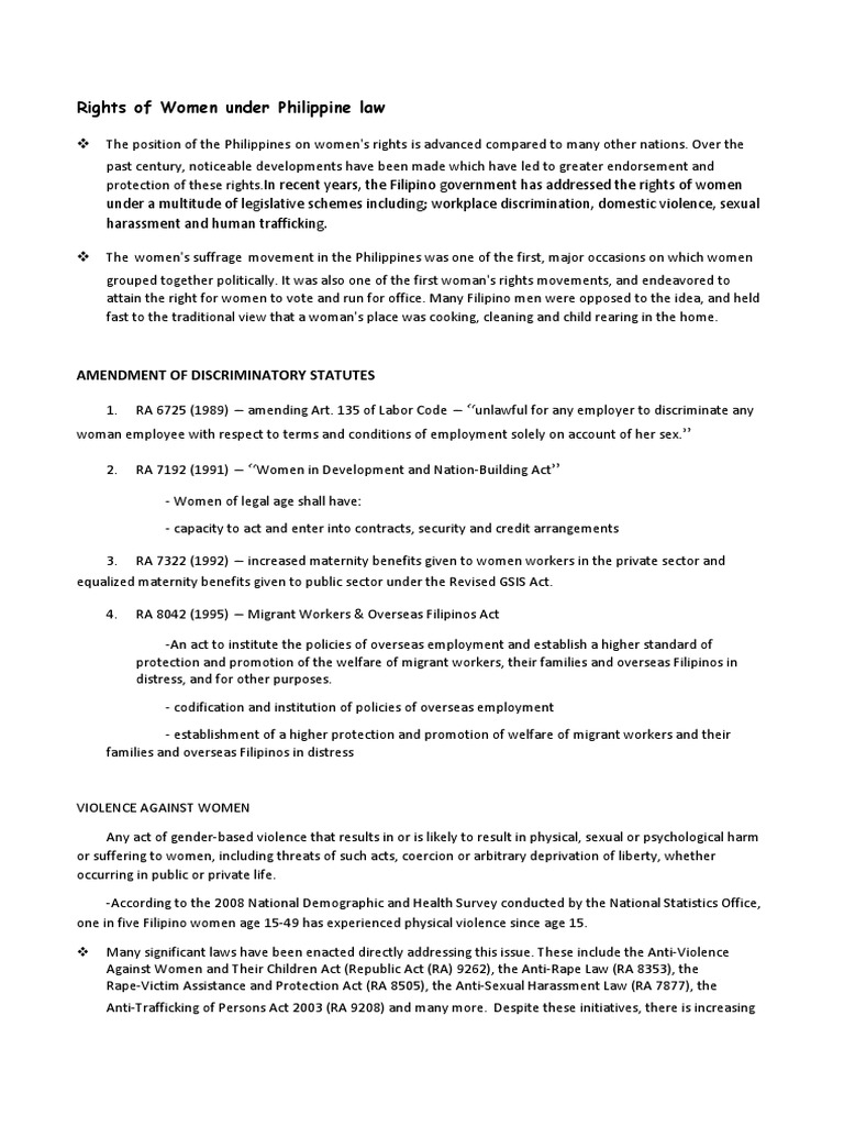 Women's Rights in Philippine Law | PDF | Human Trafficking | Women's Rights
