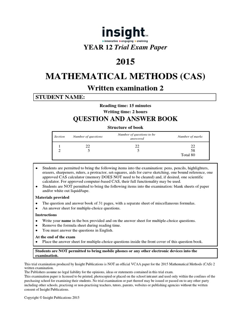 Insight 2015 Mathematical Methods Examination 2 | PDF | Tangent ...