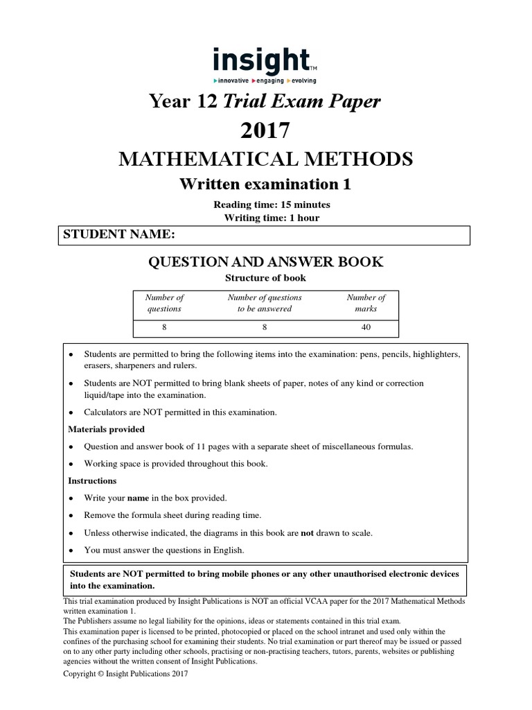 Insight 2017 Mathematical Methods Examination 1 PDF | PDF | Books ...