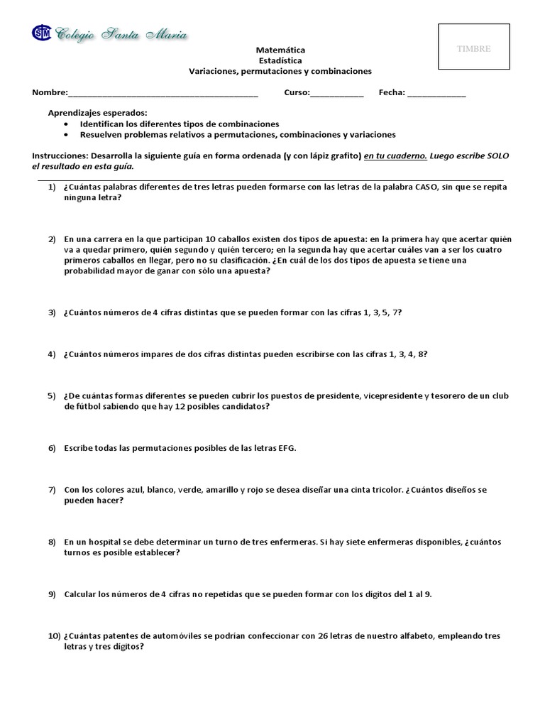 Guía de Permutaciones y Combinaciones | PDF | Permutación | Enseñanza ...