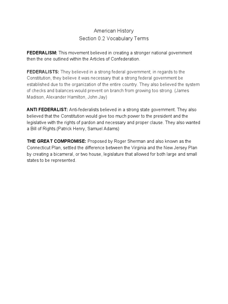 American History Section 0.2 Vocabulary Terms: Federalism | PDF | Politics