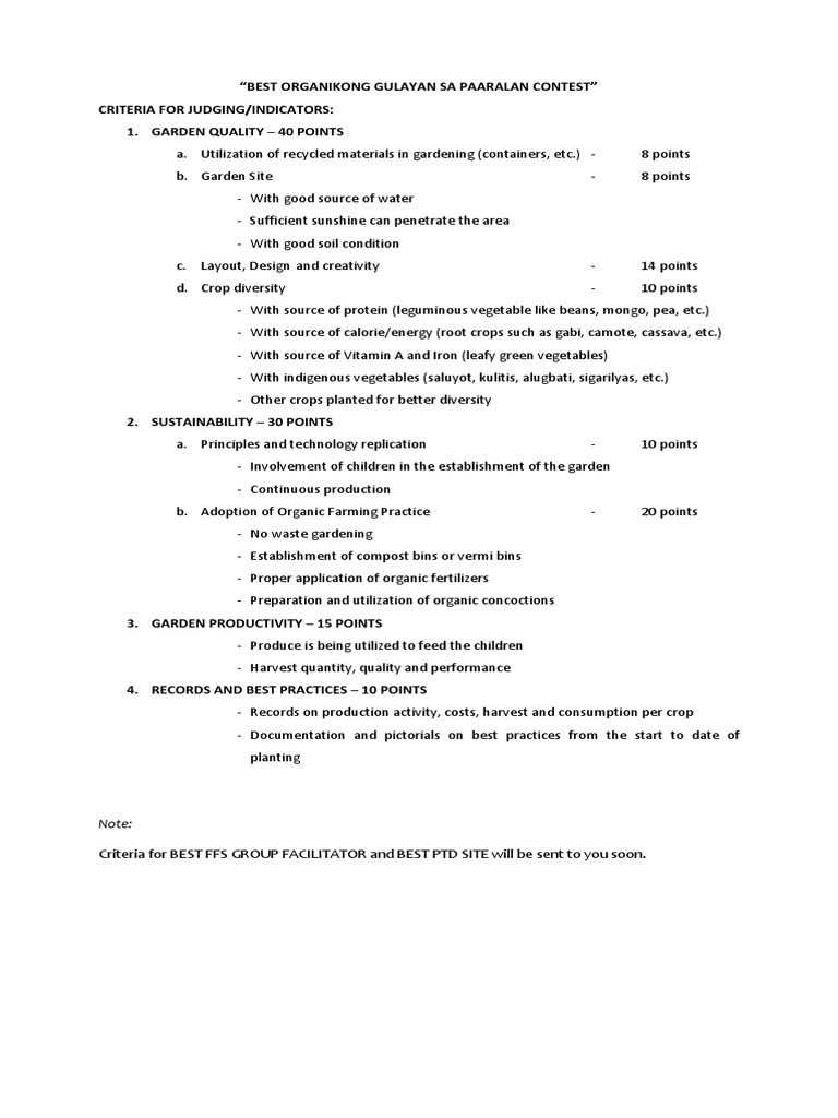 "Best Organikong Gulayan Sa Paaralan Contest" Criteria For Judging