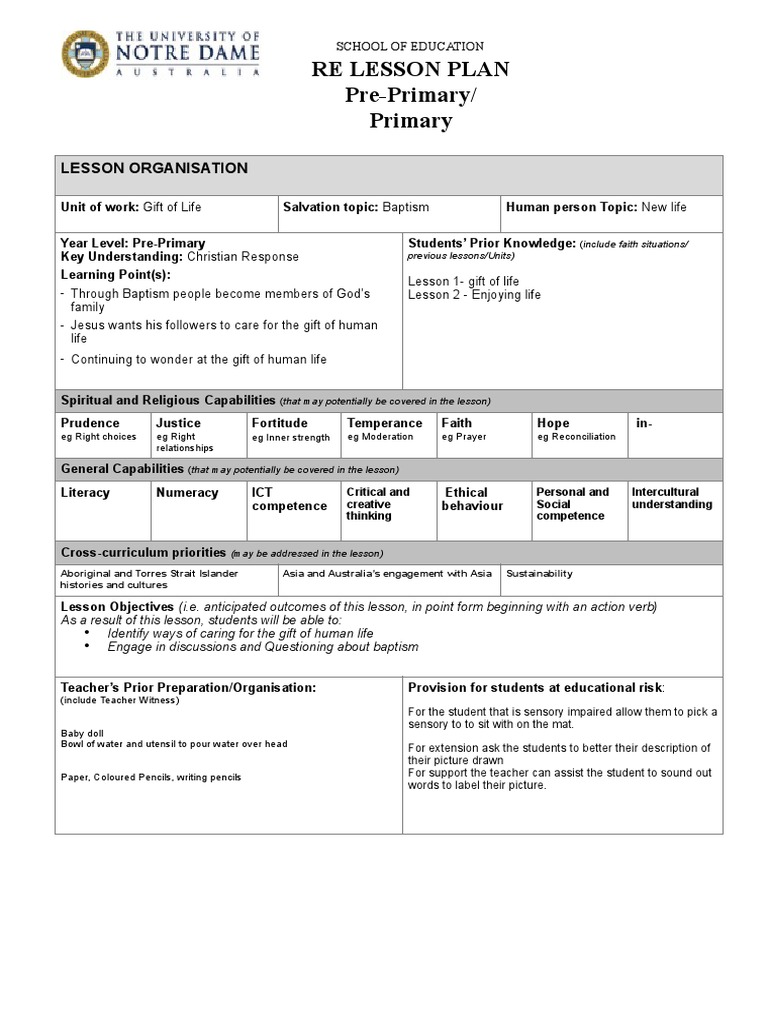 Re Lesson Plan PrePrimary/ Primary PDF Baptism