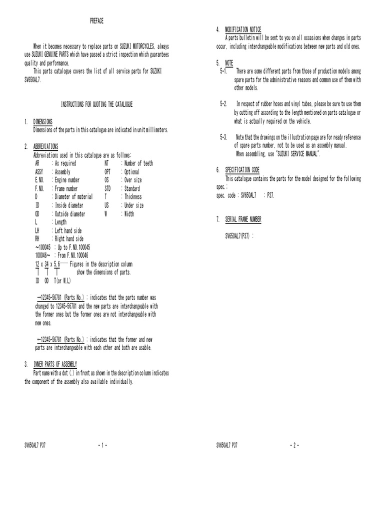 SV650AL7 Parts Catalogue Overview | PDF | Internal Combustion
