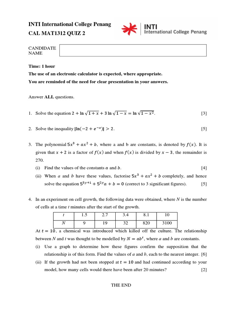 A Level Maths Paper 3 Exponential and Logarithmic Quiz PDF