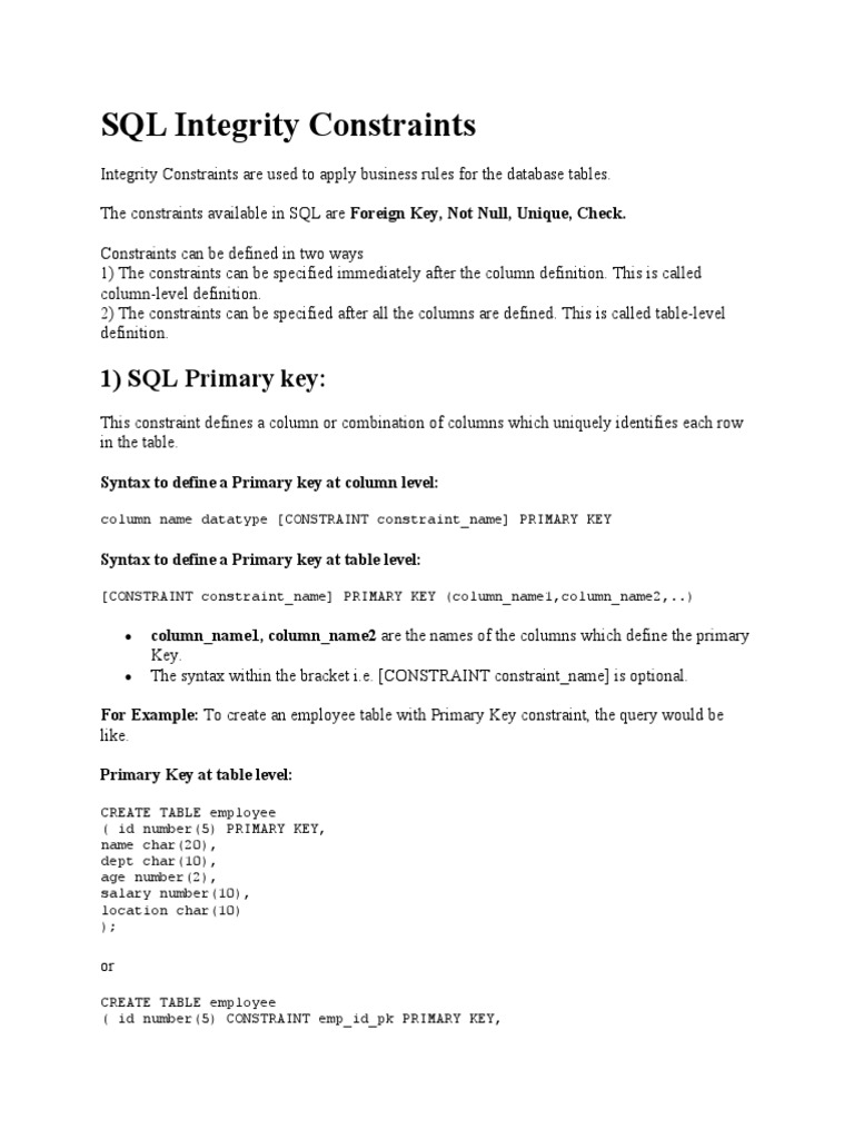 SQL Integrity Constraints | Relational Database | Table (Database)