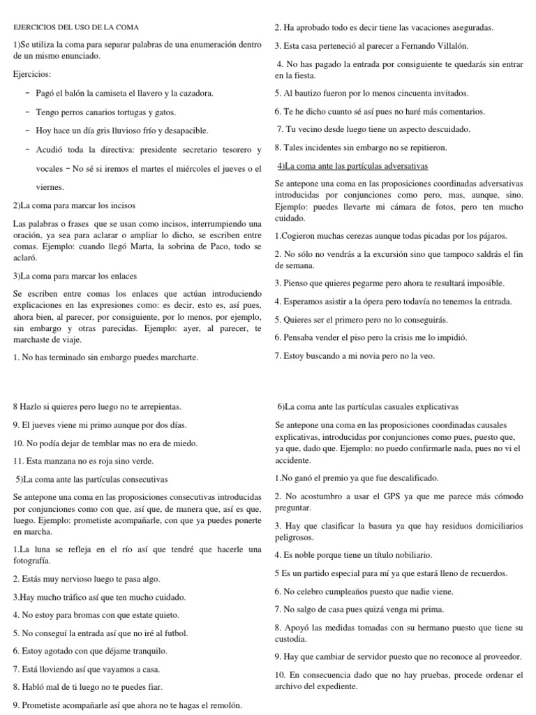 Ejercicios Prácticos de Uso de la Coma | PDF | Oración (Lingüística ...