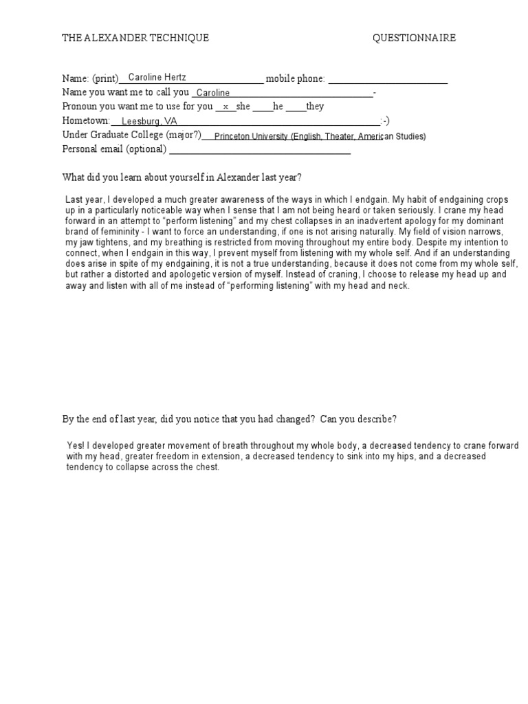At Questionnaire - Caroline Hertz | PDF | Alexander Technique | Thought