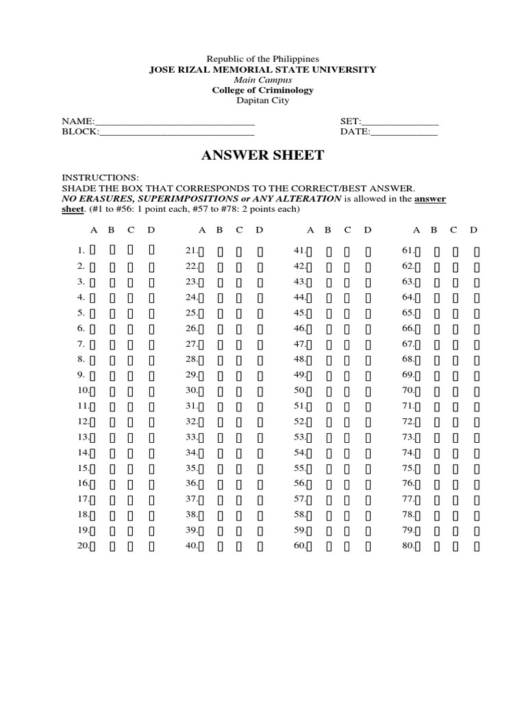 Exam Shading Answer Sheet 1-78 | PDF