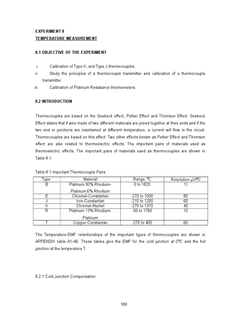 Experiment 8 Temperature Measurement | PDF | Thermocouple | Branches Of ...