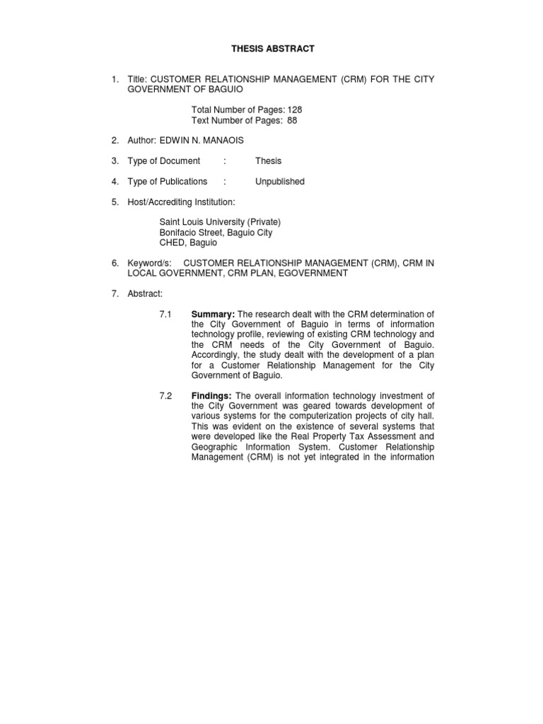 Thesis Abstract 1 Title Customer Relationship Management Crm Information Management Information Age