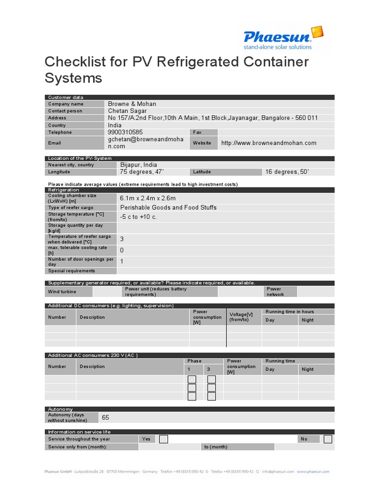 Checklist For PV Reefer en | PDF | Electric Generator | Alternating Current