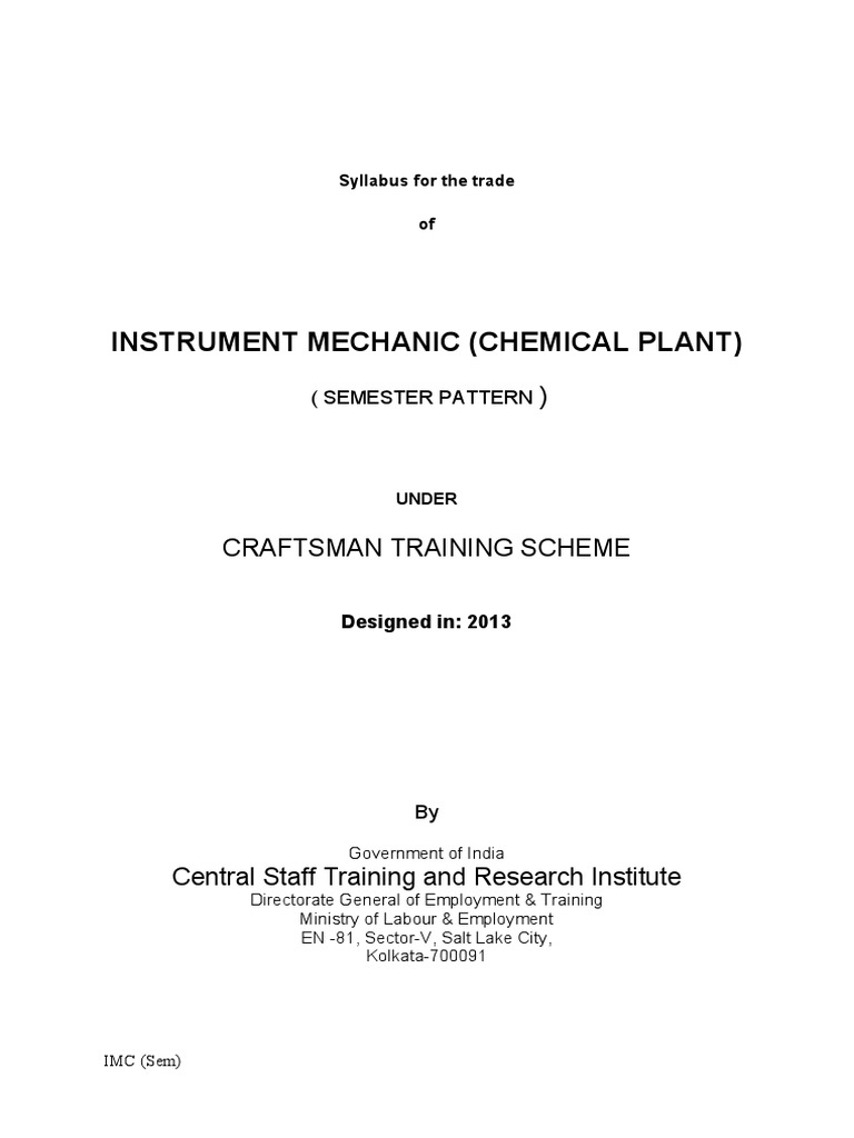 Syllabus for Instrument Mechanic (Chemical Plant) Trade (Semester I