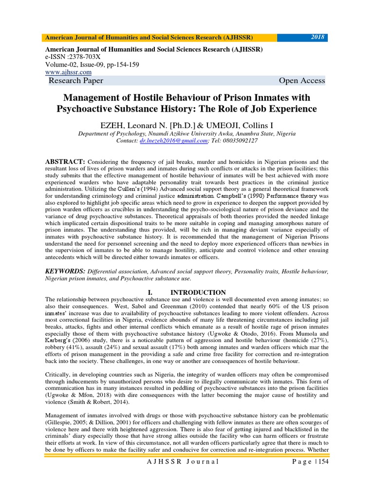 Management of Hostile Behaviour of Prison Inmates With Psychoactive ...