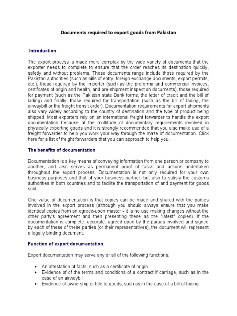 Export Documentation Requirements in Pakistan | PDF | Letter Of Credit ...