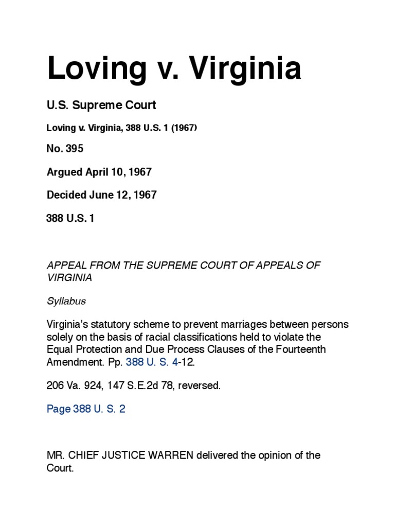 Loving Vs Virginia PDF Loving V. Virginia Fourteenth Amendment To