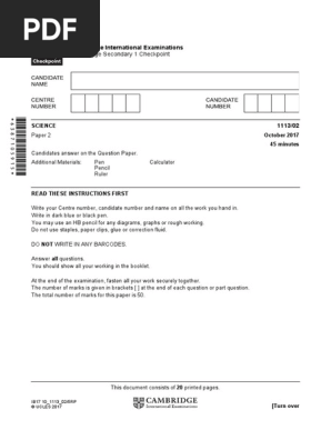 Secondary Checkpoint - Science (1113) October 2017 Paper 2